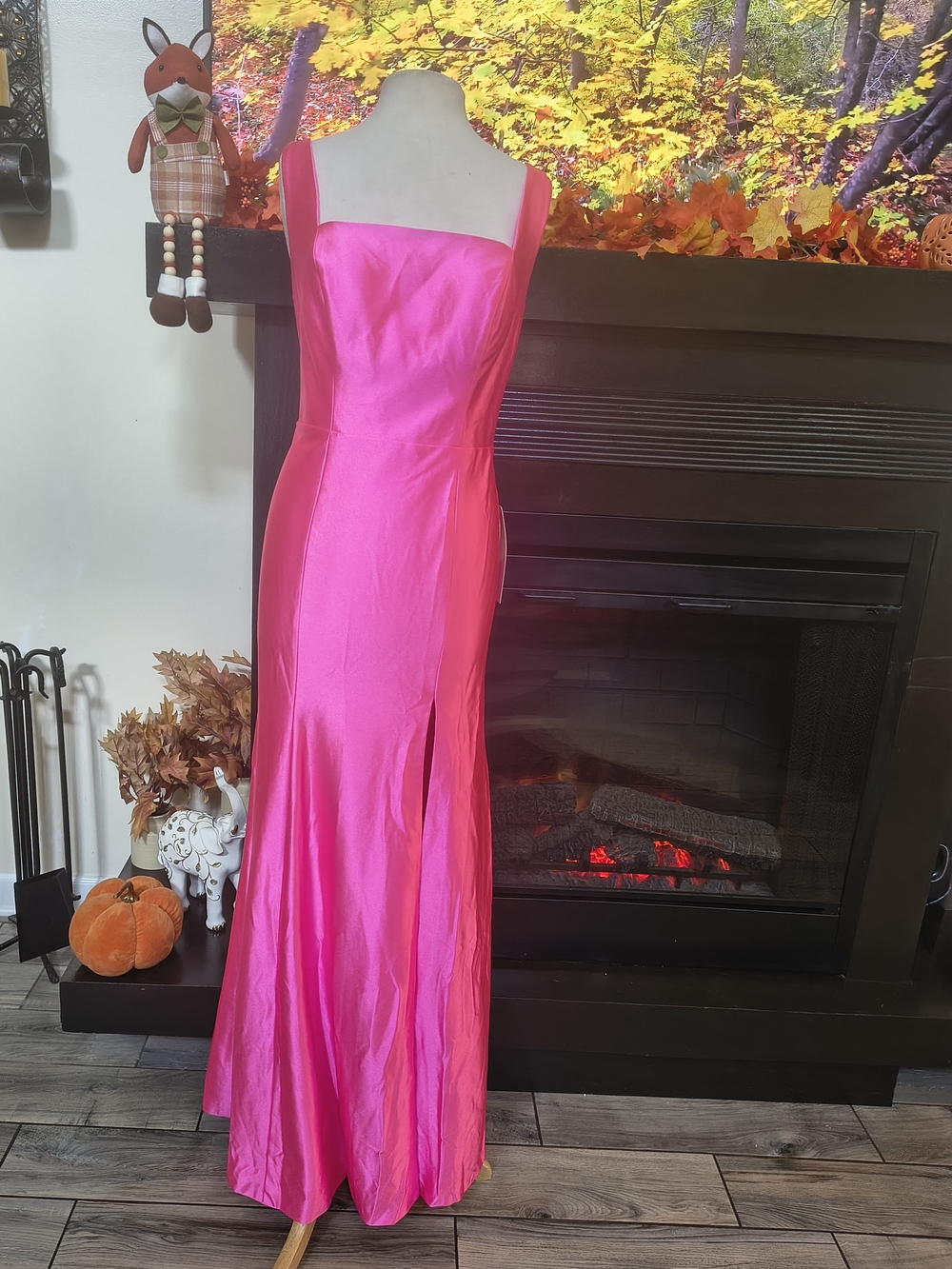 NWT Hot Pink Satin KISSPROM Evening Gown - Elegant Square Neck Dress